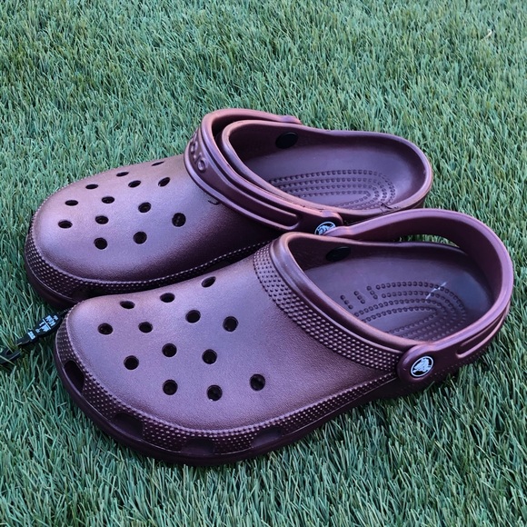 metallic burgundy crocs